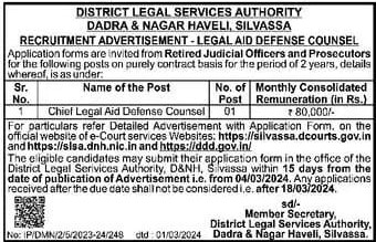 Chief Legal Aid Defense Counsel Recruitment 2024 2 Legal Advisor for ut dadra 2024