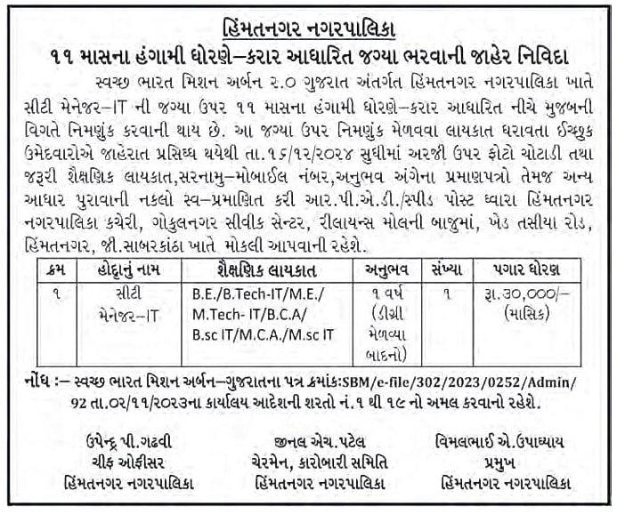 Himatnagar NagarPalika Bharti for City Managaer IT Post 2024 2 Himatnagar nagarpalika City manager it 2024 min