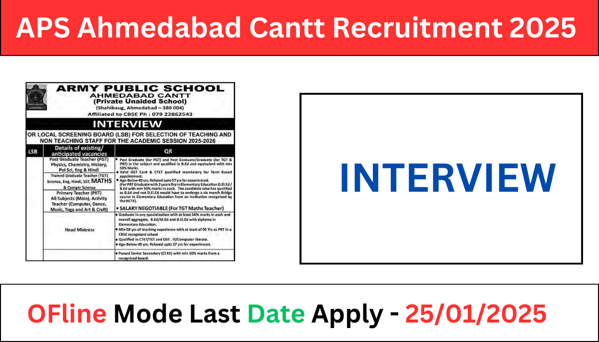 APS Ahmedabad Cantt Recruitment 2025 Various post