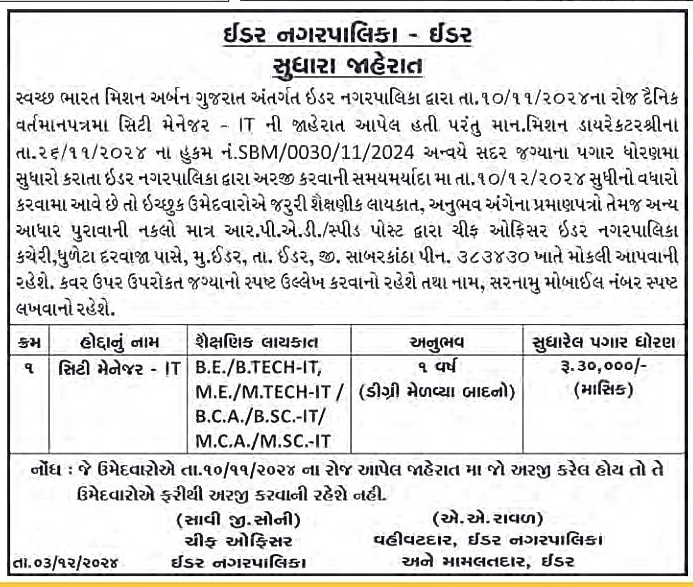 Idar NagarPalika Bharti 2024 City Manager IT Post 2 Ider NagarPalika Bharti 2024 City Manager IT Post