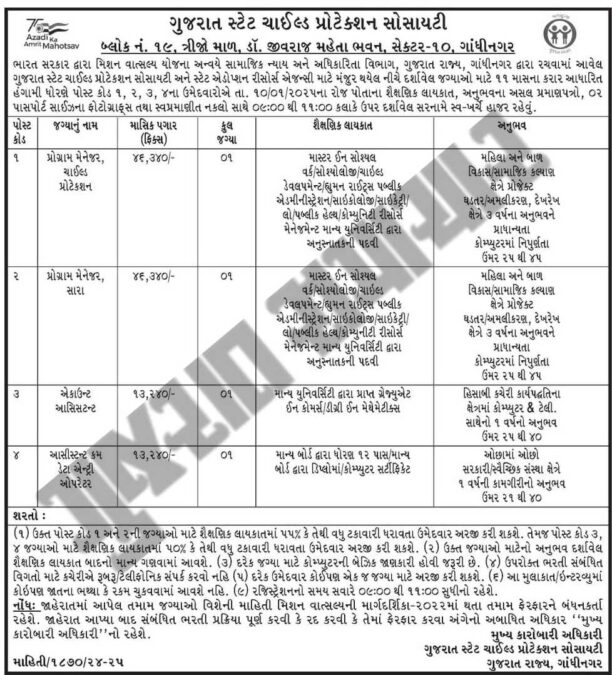 GSCPS Gandhinagar Recruitment 2025 | ગુજરાત રાજ્ય ચાઇલ્ડ પ્રોટેકશન સોસાયટી ભરતી 2025 2 state child