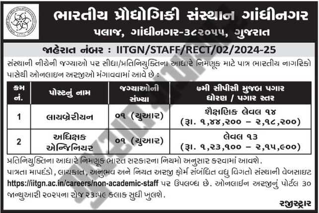 IIT Gandhinagar Recruitment 2025 for Librarian and Superintending Engineer 2 IIT Gandhinagar Recruitment 2025
