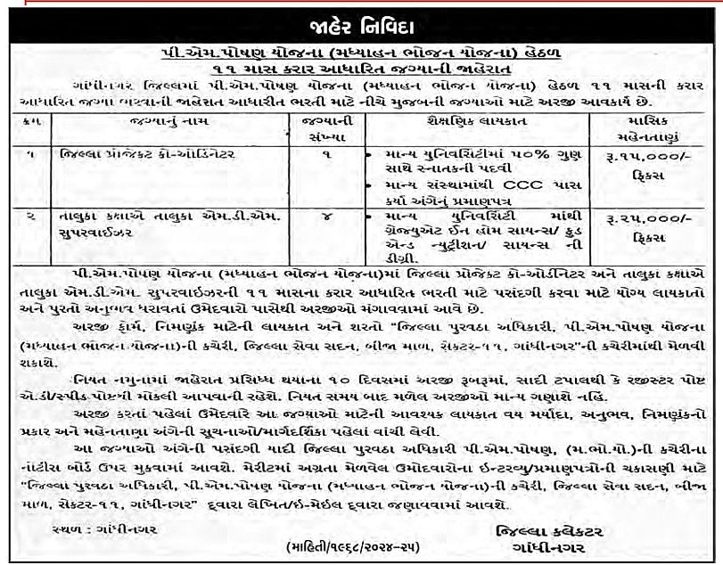 Gandhinagar MDM Bharati 2025 | PM Poshan Yojana Gandhinagar Bharati | જિલ્લા પ્રોજેક્ટ ઓફીસર અને તાલુુુકા સુપરવાઇઝર ભરતી 2025 2 Madhyahan Bhojan Yojana Gandhinagar Recruitment 2025