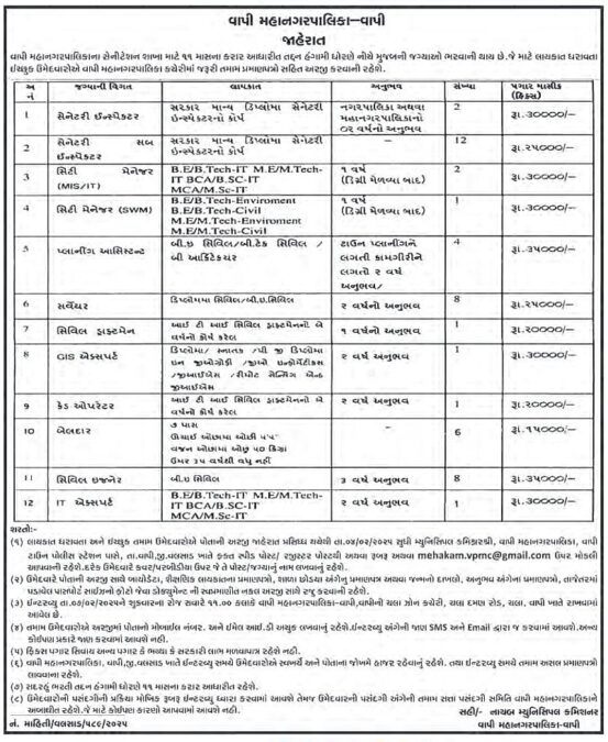 Vapi Maha Nagarpalika Recruitment 2025 for Various Post 3 Vapi Nagarpalika Recruitment 2025