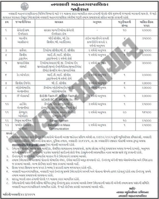Navsari Municipal Corporation Recruitment 2025 | 61 Post 2 Navsari Municipal Recruitment 2025 For 61 Post 1