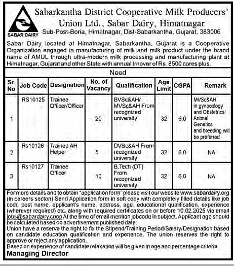 Sabar Dairy Recruitment 2025 | 35 Animal Husbandry Posts 2 Sabar Dairy Recruitment 2025
