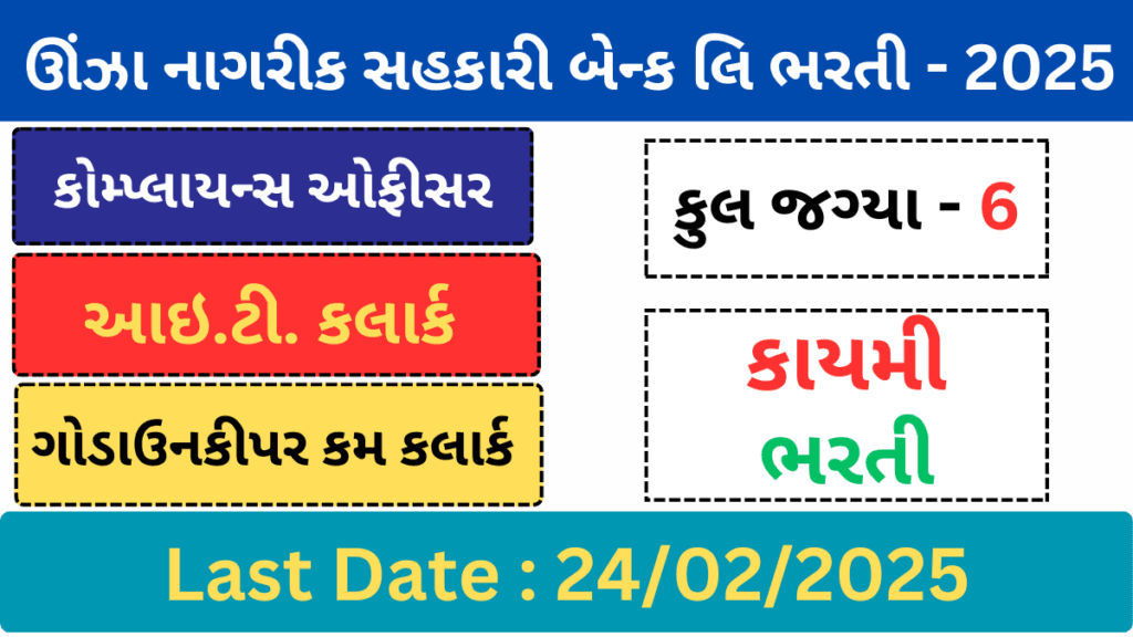 Unjha Nagrik Sahkari Bank Recruitment 2025 | Compliance Officer, I.T. Clerk and Godownkeeper cum Clerk Bharati 2025